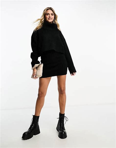 Miss Selfridge Rib Chunky Knit Mini Skirt Co Ord In Black Asos