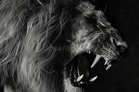 Dangerous Lion Roaring. Portrait in Black and White Photography Stock ...