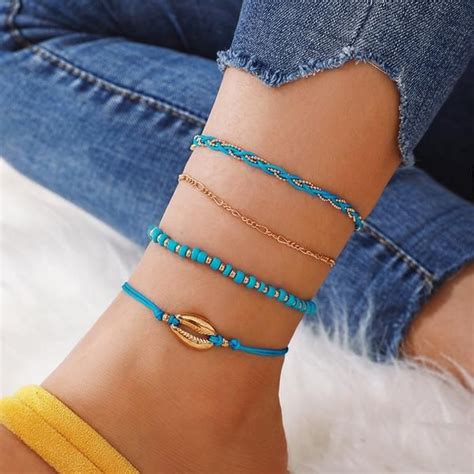 Bohemian Beaded Ankle Bracelets Set Multilayer Sea Shell Charm Knitted