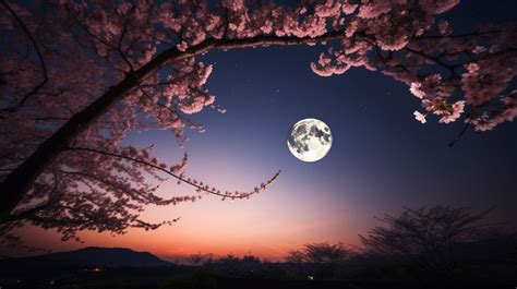 Cherry Blossom With Full Moon Above A Colorful Sky Skyscape Nature