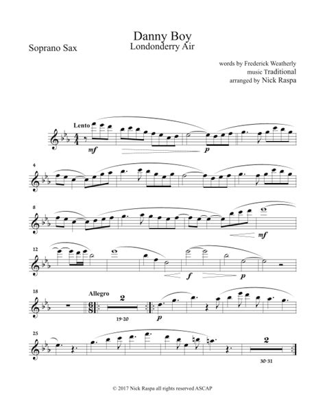 Danny Boy For Saxophone Quintet Soprano Sax Part Arr Nick Raspa