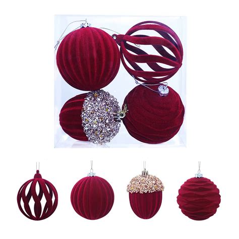 Red Velvet Christmas Ball Ornaments with Crystal Sequin, Burgundy Xmas