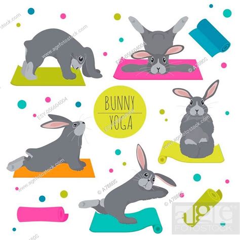 Bunny Yoga Poses And Exercises Cute Cartoon Clipart Set Stock Vector