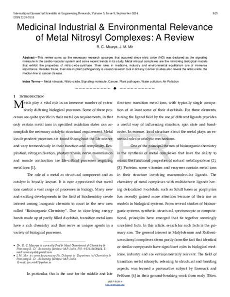 (PDF) Medicinal Industrial & Environmental Relevance of Metal Nitrosyl Complexes: A Review | Jan ...