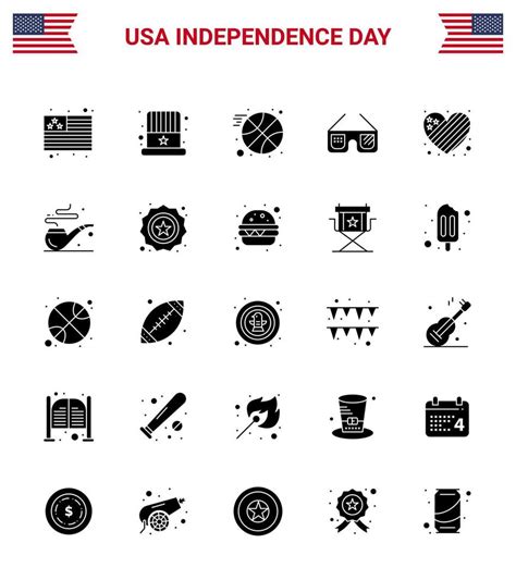 Pack Of 25 Usa Independence Day Celebration Solid Glyph Signs And 4th July Symbols Such As Love