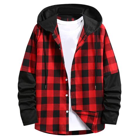 Xflwam Men Long Sleeve Quilted Lined Flannel Shirt Jacket With Hood