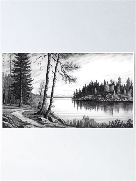 "Lake Nature Pencil Drawing Art Black and White" Poster for Sale by ...