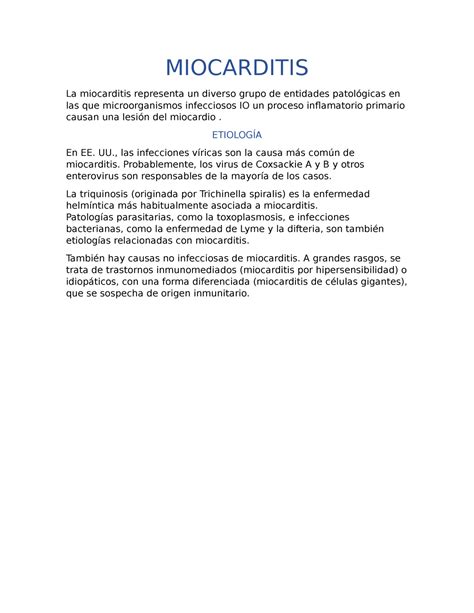 Miocarditis EtiologÍa En Ee Uu Las Infecciones Víricas Son La