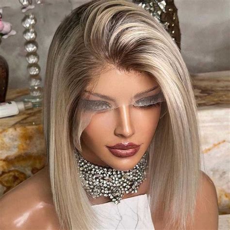 Ash Blonde Short Bob Wigs With Dark Roots Human Hair Glueless HD X Lace Ash
