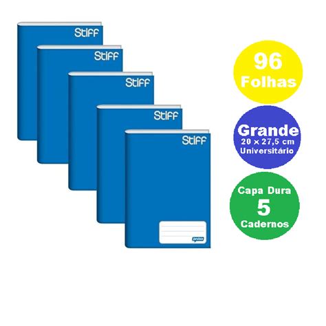 Kit 5 Caderno GRANDE 96fls Capa Dura Azul Universitario Jandaia Stiff