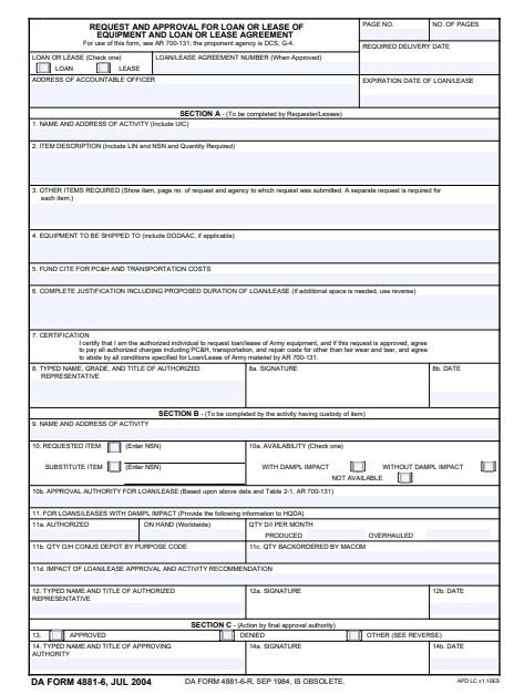 Download Fillable Da Form 4881 6 Request And Approval For Loan Or