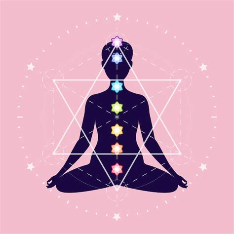 Siete Chakras En La Silueta Yogui Meditadora De Una Mujer Sentada En