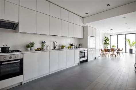 Minimalist-style Kitchen Interior With Kitchen Cabinets And Stove And ...