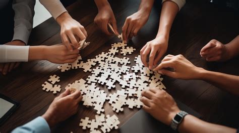 Premium Photo People Playing A Jigsaw Puzzle With One Of Them Holding