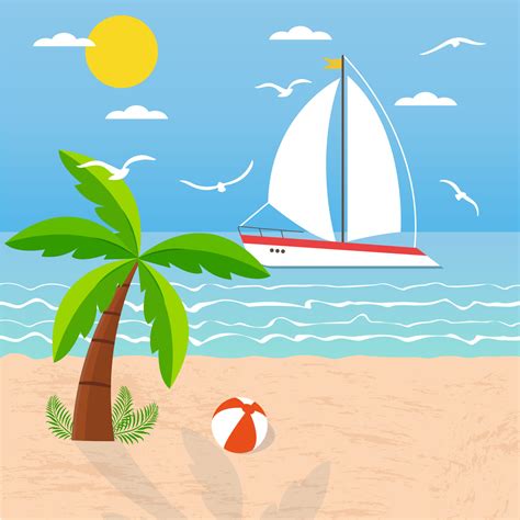 Summer Illustration With Sailing Yacht And Palm Tree On The Beach