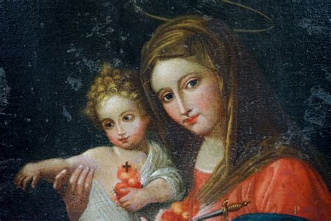 Pittore Del XVIII XIX Secolo Madonna Col Bambino E Sacro Cuore Olio