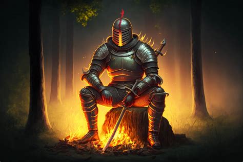 Knight Sitting On A Stump In Front Of A Fire 23001112 Stock Photo At