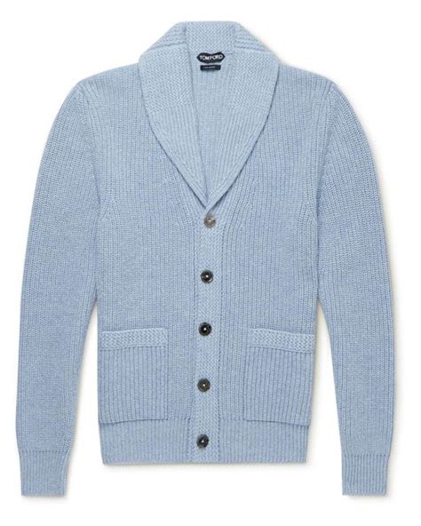 Tom Ford Shawl Collar Ribbed Cashmere And Linen Blend Cardigan In Blue For Men Lyst