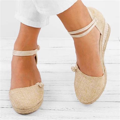 Buy Women Ladies Retro Linen Canvas Wedge Round Toe Casual Sandals Singles Shoes At Affordable