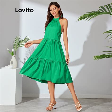 Lovito Vestido Brasil Copa Casual Liso Sem Manga Babado