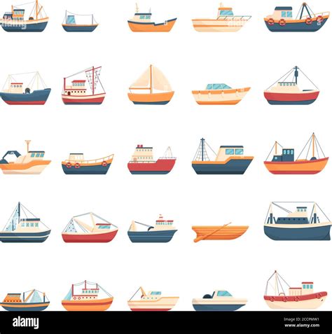 Fishing Boat Icons Set Cartoon Set Of Fishing Boat Vector Icons For