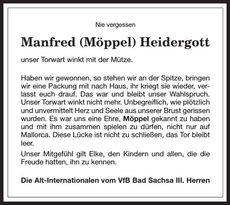 Traueranzeigen von Manfred Möppel Heidergott Harztrauer de