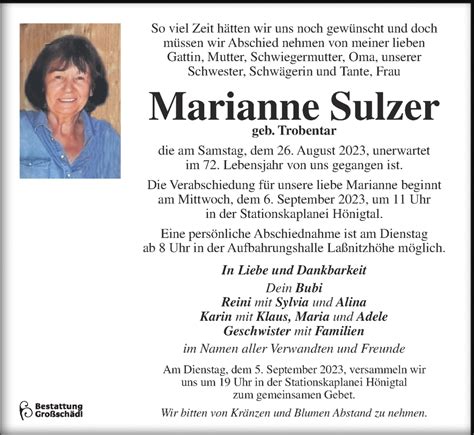 Traueranzeigen Von Marianne Sulzer Trauer Kleinezeitung At