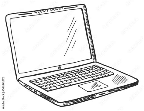 Laptop sketch. Open computer with blank screen in hand drawn style ...