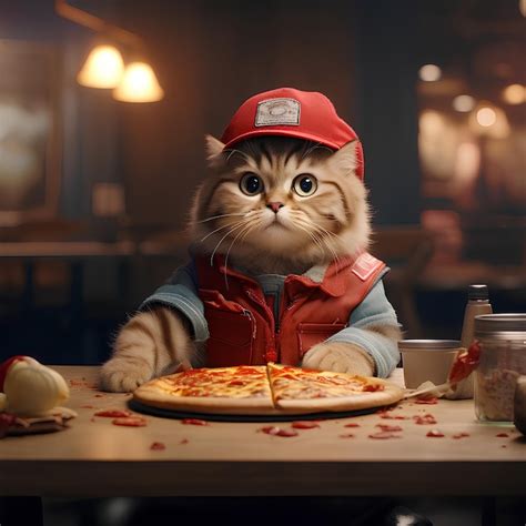 Premium AI Image | cute cat eating pizza in happy mood