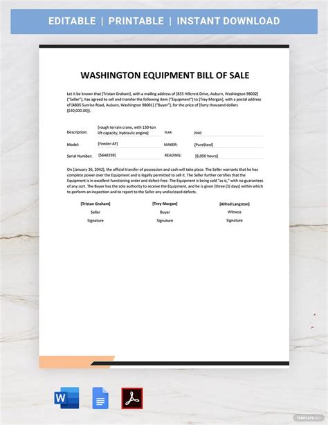 Washington Equipment Bill Of Sale Template In Word Google Docs PDF