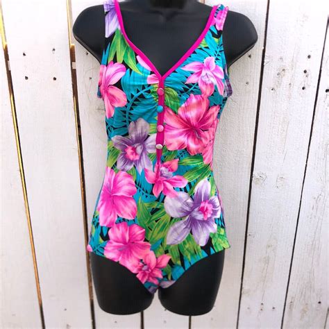 Vintage 90s Swimsuit Bright Floral Design Sz 10 Retro… Gem