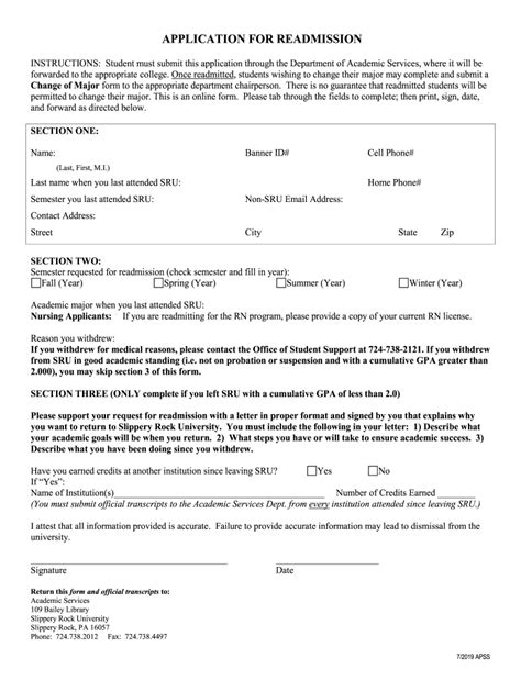 Form Slippery Rock University Application For Readmission