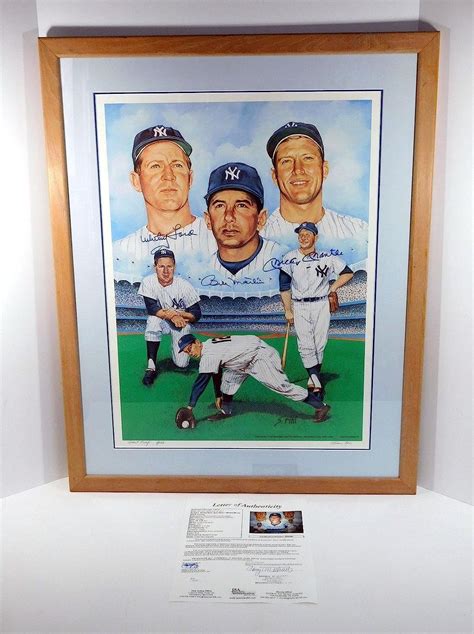 Mickey Mantle Whitey Ford Billy Martin Signed X Lithograph Framed