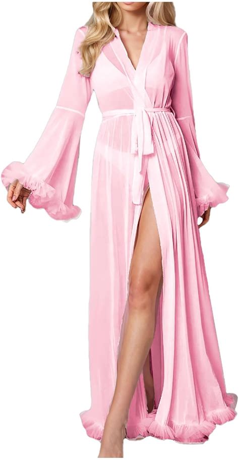 Tunuskat Womens Sexy Sheer Long Kimono Robe Babydoll Mesh Chemise Lingerie See Through Bridal