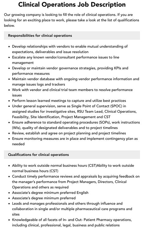 Clinical Operations Job Description Velvet Jobs