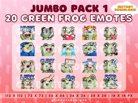 Frog Twitch Emote Jumbo Pack 1 20 Green Frog Emotes Cute Etsy