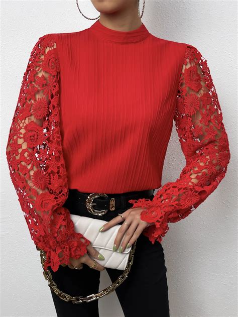 Shein Privé Contrast Guipure Lace Flounce Sleeve Mock Neck Blouse