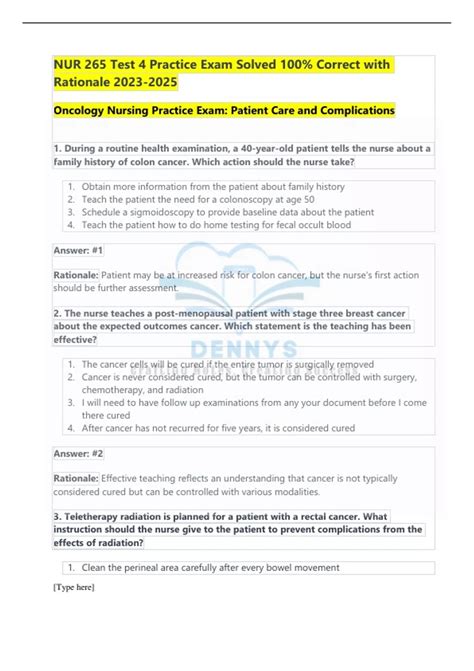 NUR 265 Test 4 Practice Exam Solved 100 Correct With Rationale