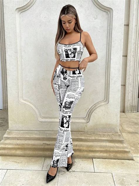 SHEIN ICON Newspaper Print Flare Leg Pants SHEIN USA