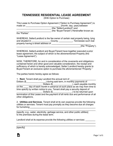 Free Tennessee Rent To Own Lease Agreement Pdf Word Eforms