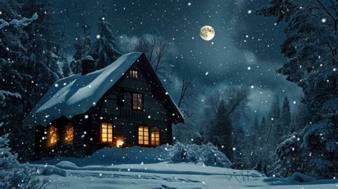 winter cabin night, snow-covered cabin, full moon snowy landscape, cozy winter house, serene ...