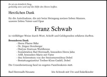 Traueranzeigen von Franz Schwab Schwarzwälder Bote Trauer