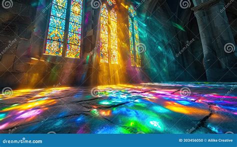 Colorful Light Rays From A Stained Glass Window Illuminating A Dark Church Interior Stock