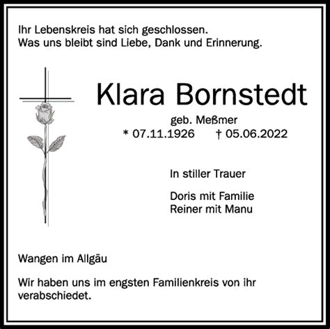 Traueranzeigen Von Klara Bornstedt Schwaebische De Trauerportal