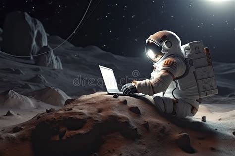 Um Astronauta Trabalha Em Seu Laptop Em Uma Base Espacial Em Um Dos