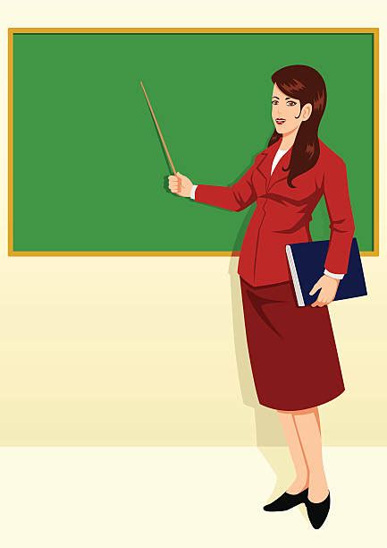 Smiling Teacher With A Pointer In Front Of Chalkboard Illustrations