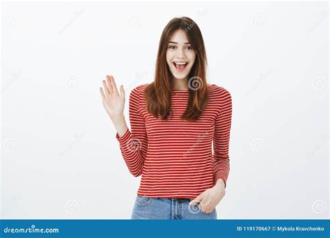 Friendly Girl Saying Hi To Best Friends Portrait Of Cheerful Bright