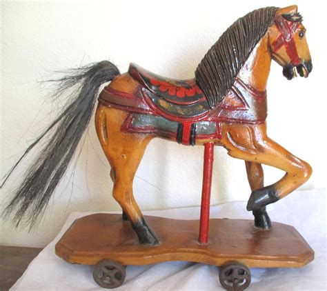 Vintage Hand Carved Wooden Platform Horse On Wheels Wood Etsy