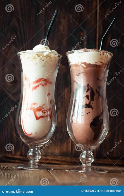 Two Glasses Of Milkshake Stock Image Image Of American 158926915