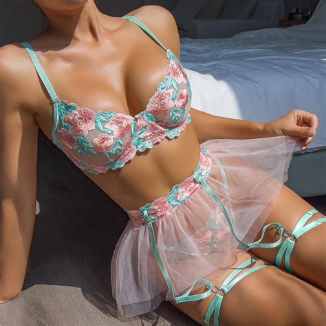 Yimunancy Pe As Floral Bordado Lingerie Conjunto Feminino Malha